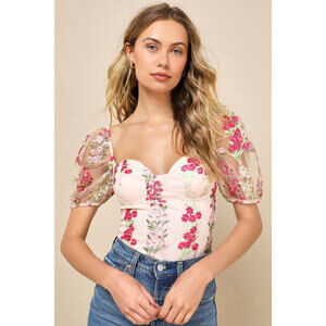 Lulus Essence Of Elegance Pink Embroidered Floral Bustier Bodysuit - Size M